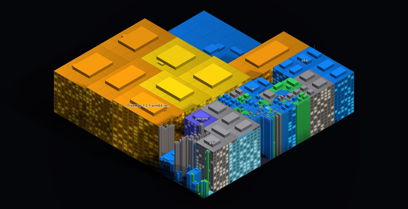 Disk City: the treemap's tiling seen from a corner, footprint is bytes, height is staleness, colour is Reclaim score