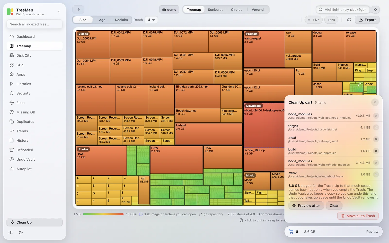 The Clean Up cart open over the map: six build and dependency folders staged, 8.6 GB, with Preview after, Clear and Move all to Trash