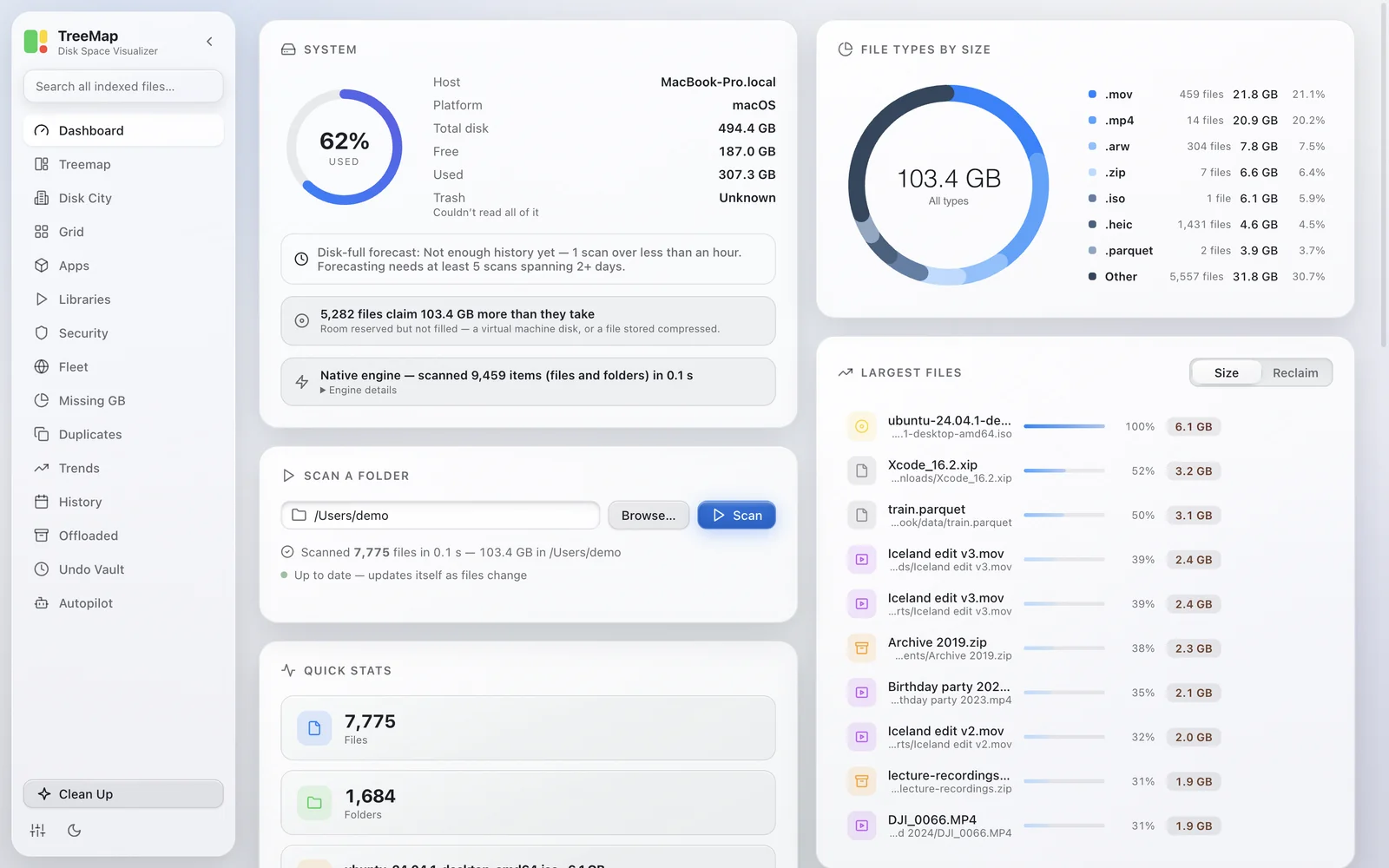 The Dashboard after a scan: the disk ring, the engine line, file types by size, the largest files and quick stats