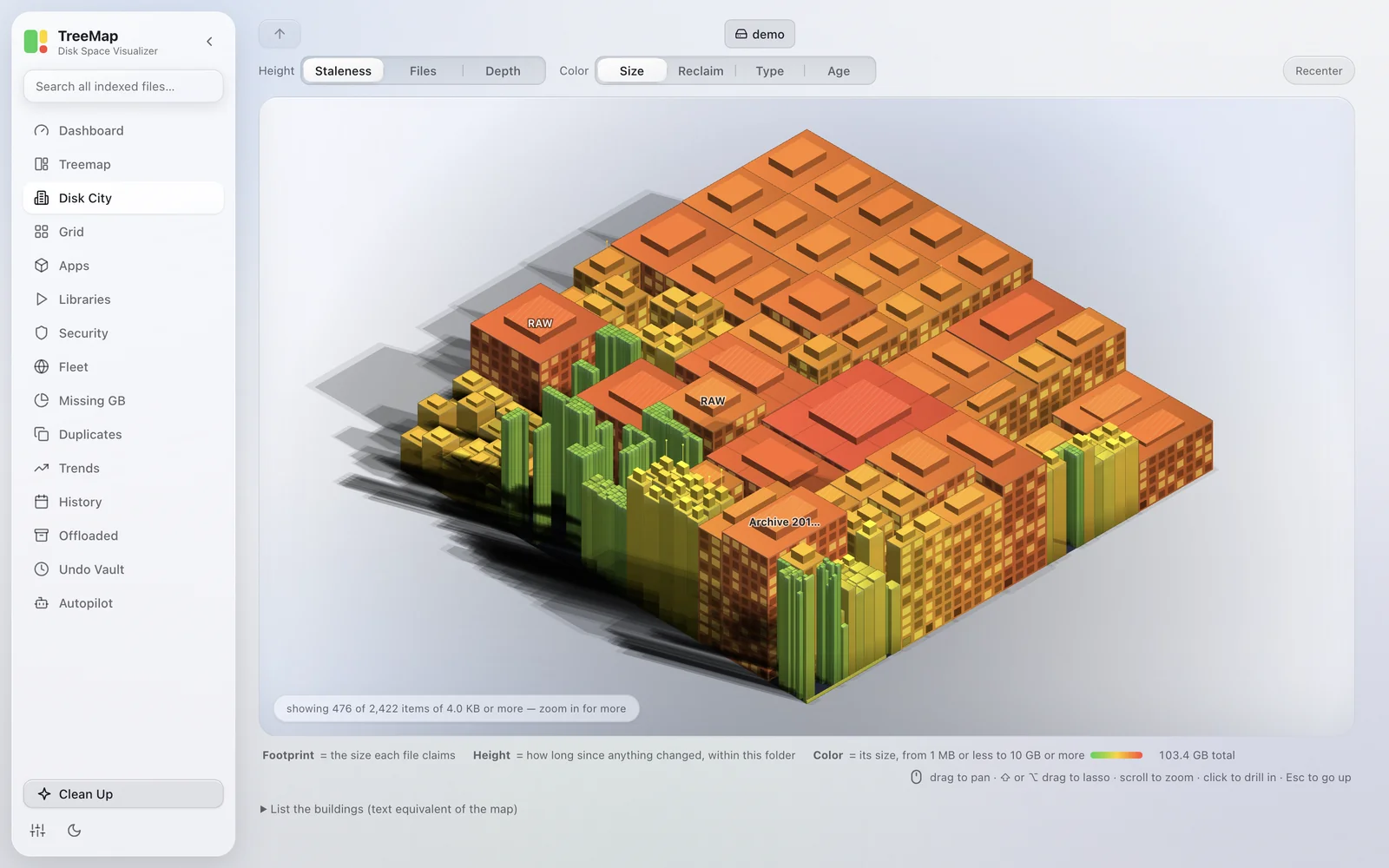 Disk City: the scan as an isometric city, where a building's footprint is its bytes, its height how long since anything changed, and its colour its size