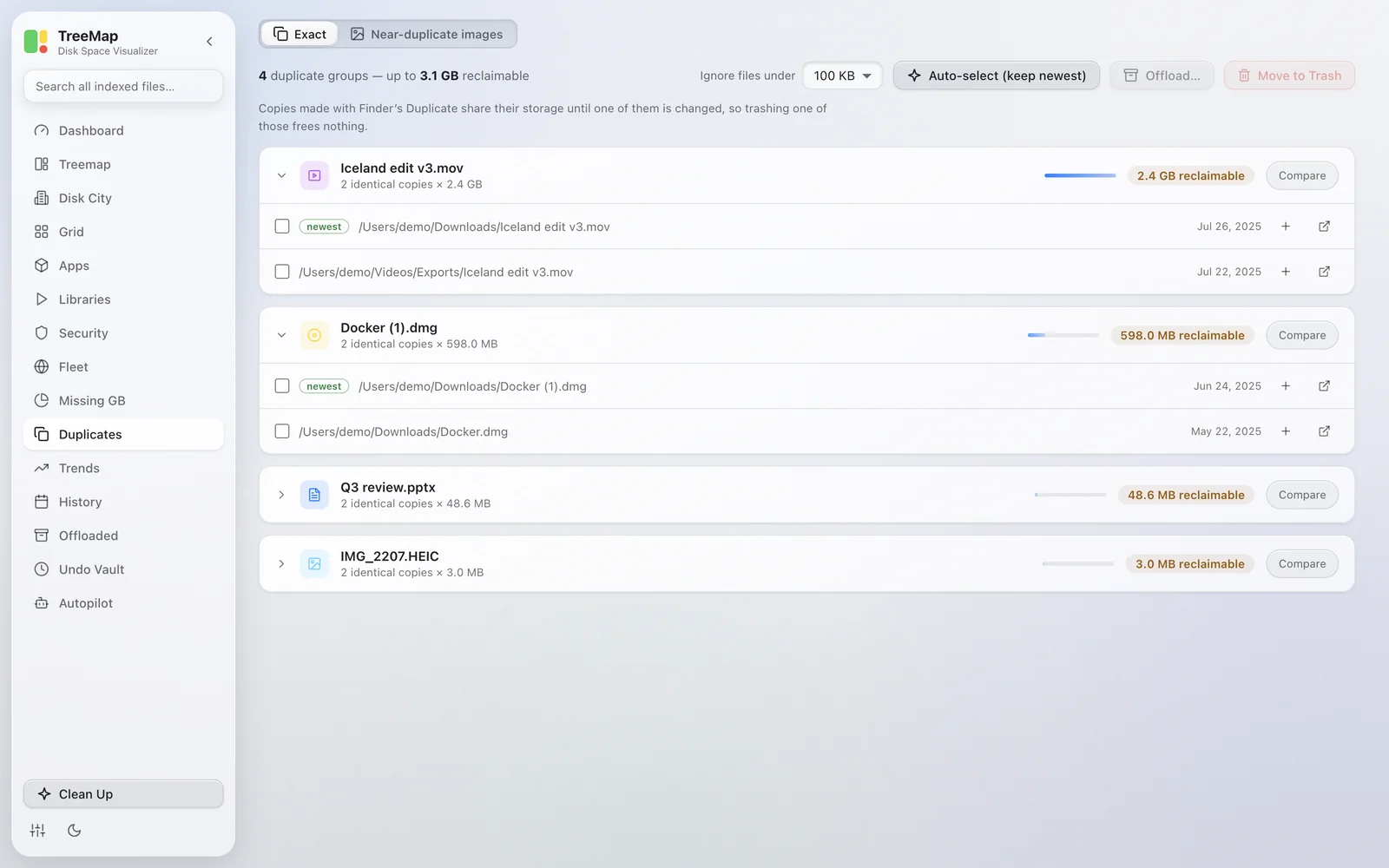 Duplicates: four groups of identical files, up to 3.1 GB reclaimable, the two largest groups open with the copy to keep marked