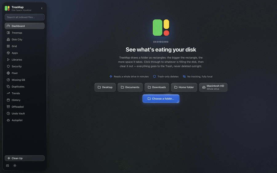 Starting a scan from the start screen: the Dashboard fills in as the scan finishes, then the map appears with a Scan complete notice