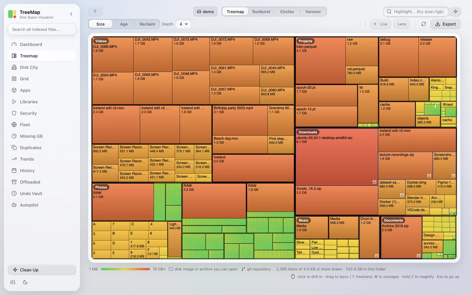 The Treemap view of a 103.4 GB demo home folder: every file is a rectangle sized by its bytes, grouped by folder, with names and sizes on each tile