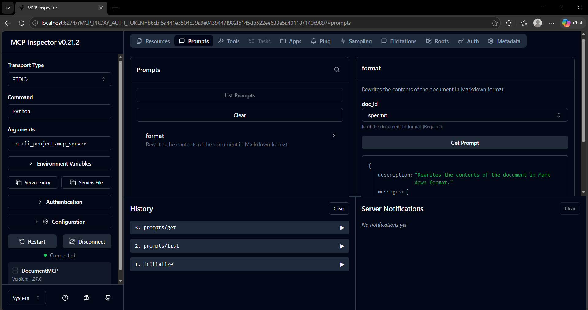 MCP Inspector Prompts tab