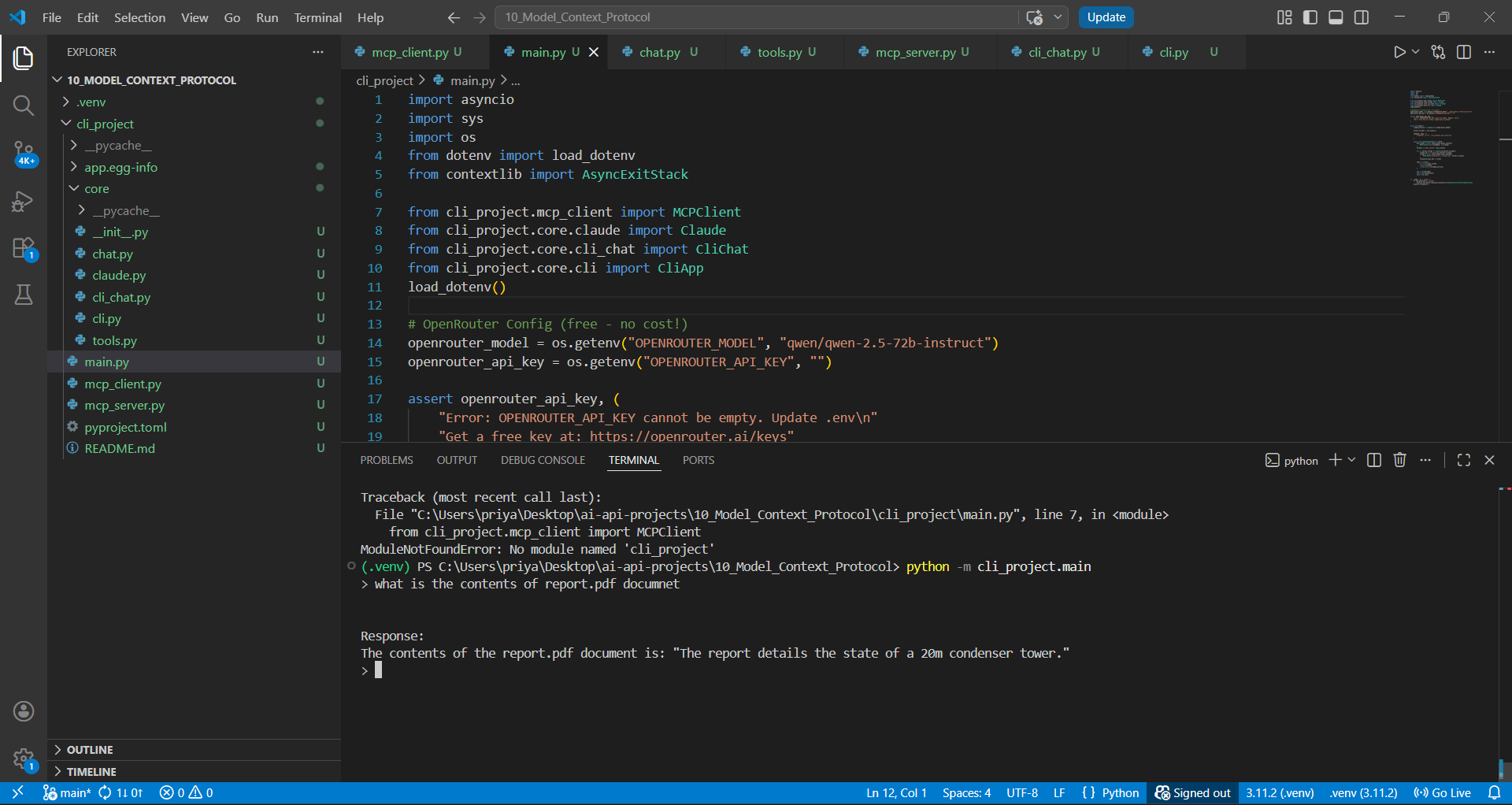 Terminal showing a sample query and response