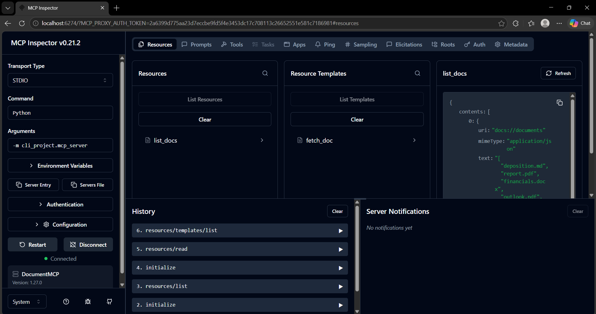 MCP Inspector Resources tab listing documents