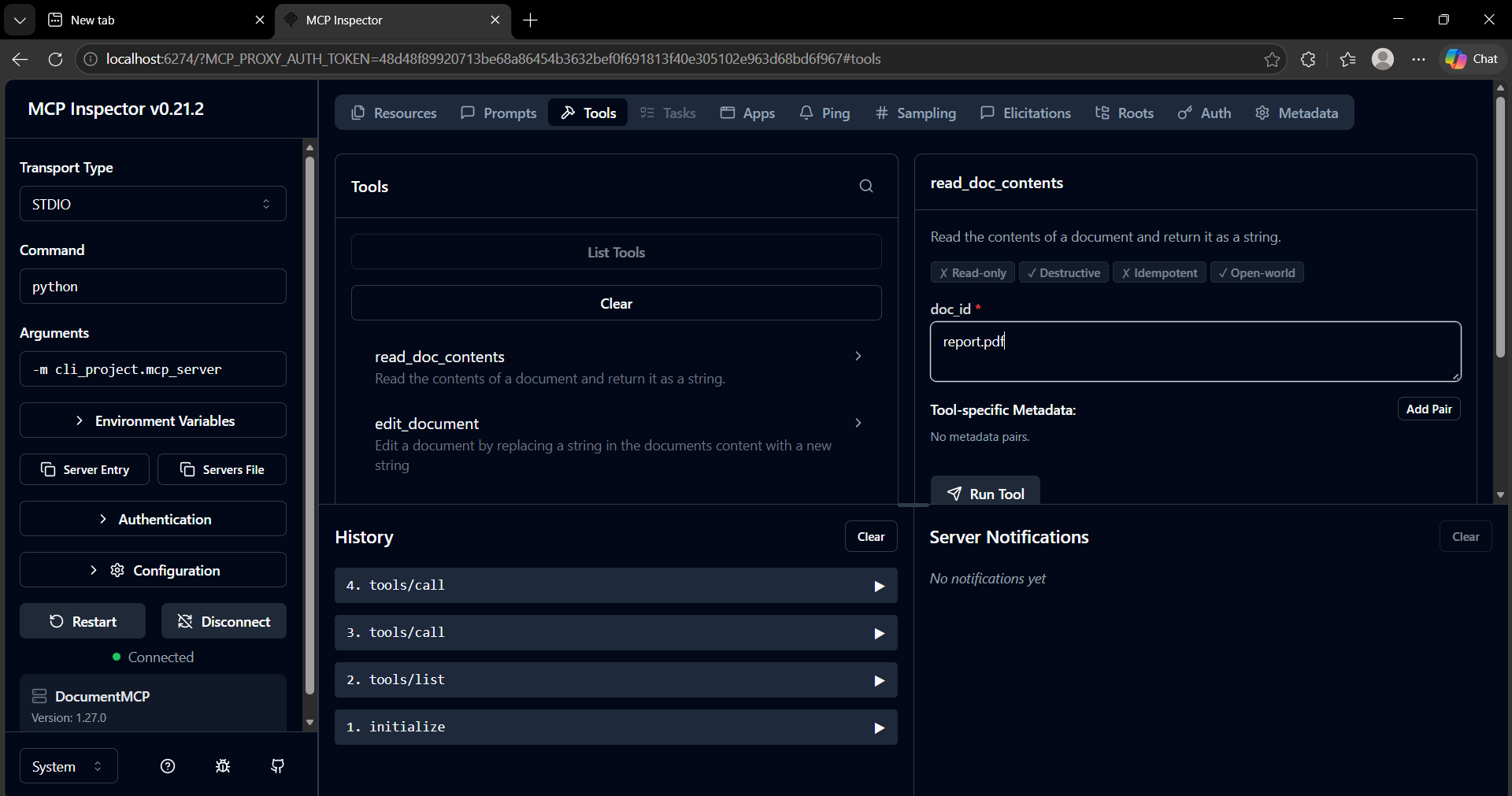 MCP Inspector Tools tab showing available tools
