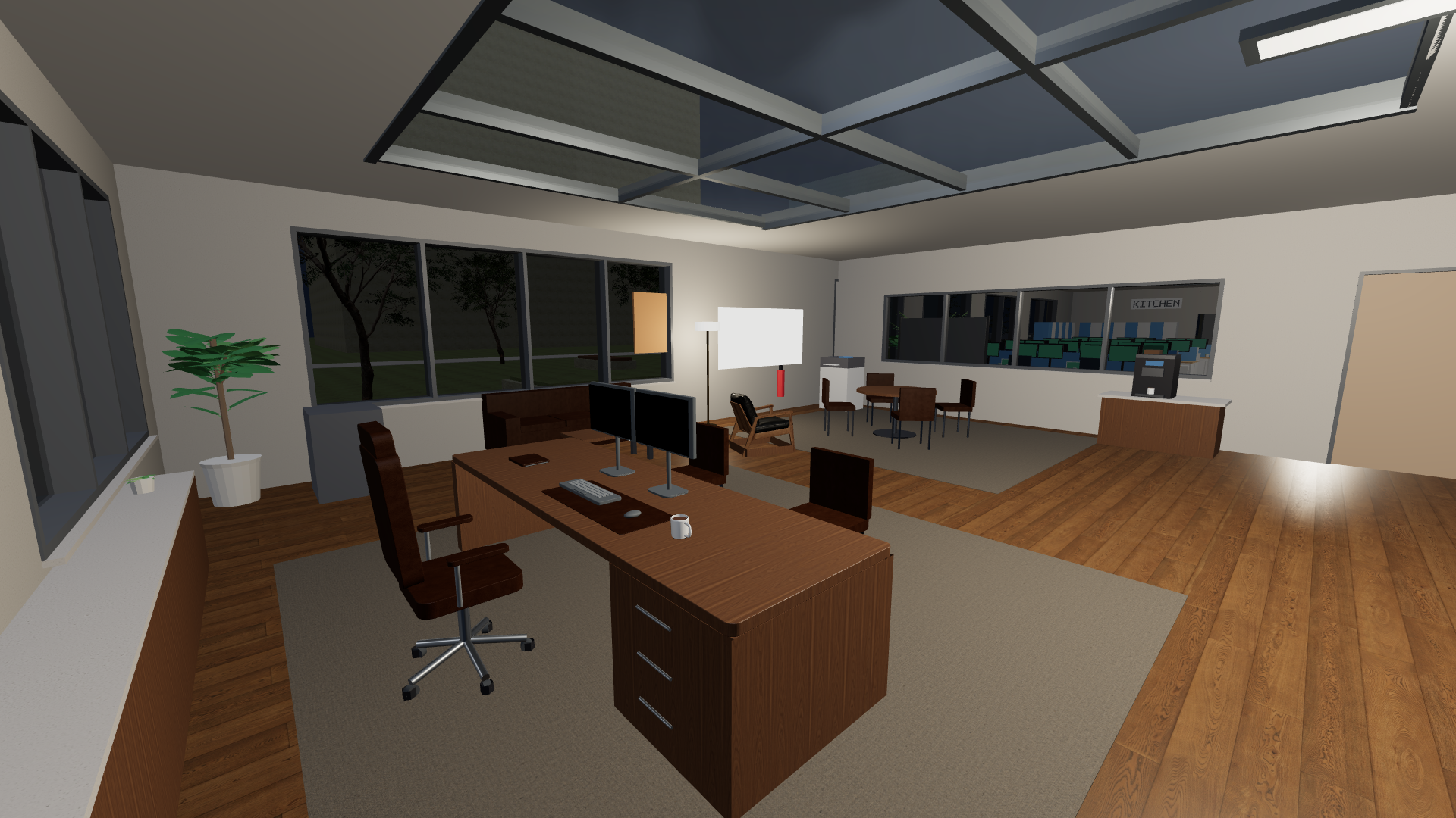 Current CEO office under its skylights after dark