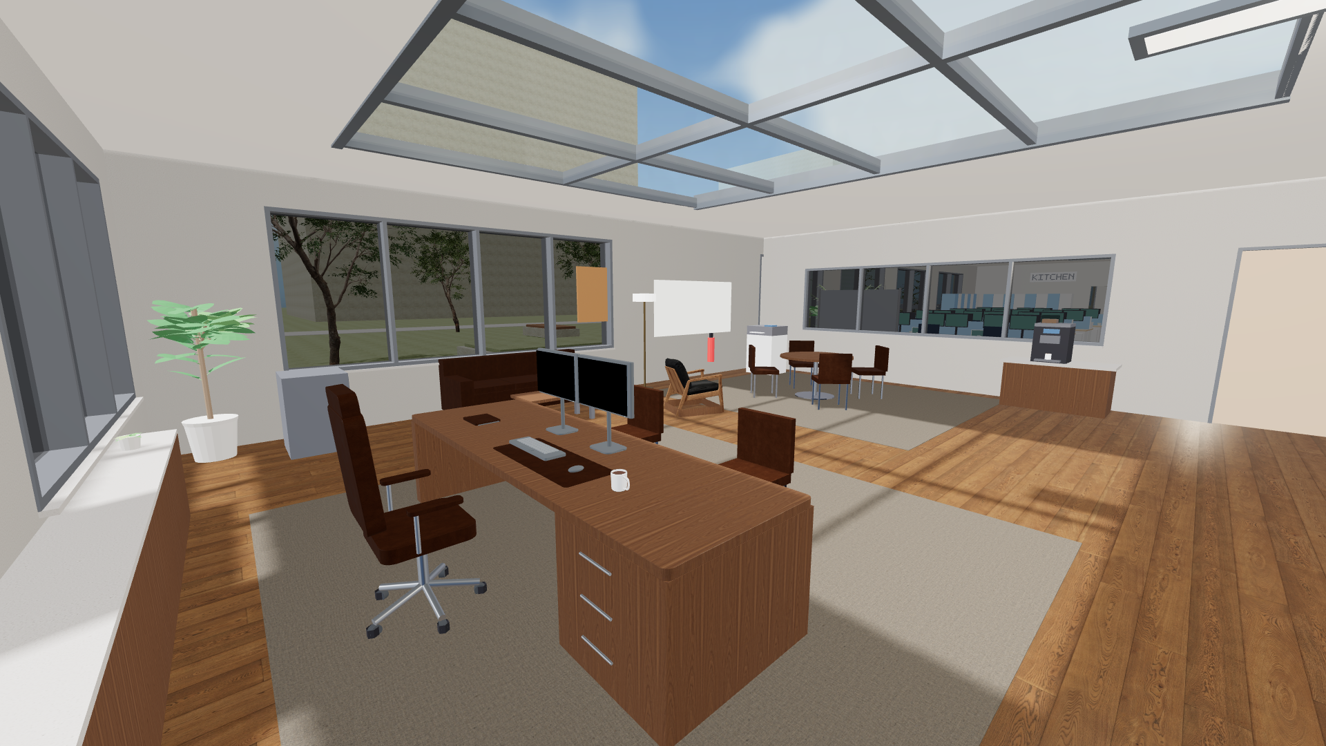 Current CEO office with skylights, wood furniture and a private briefing area