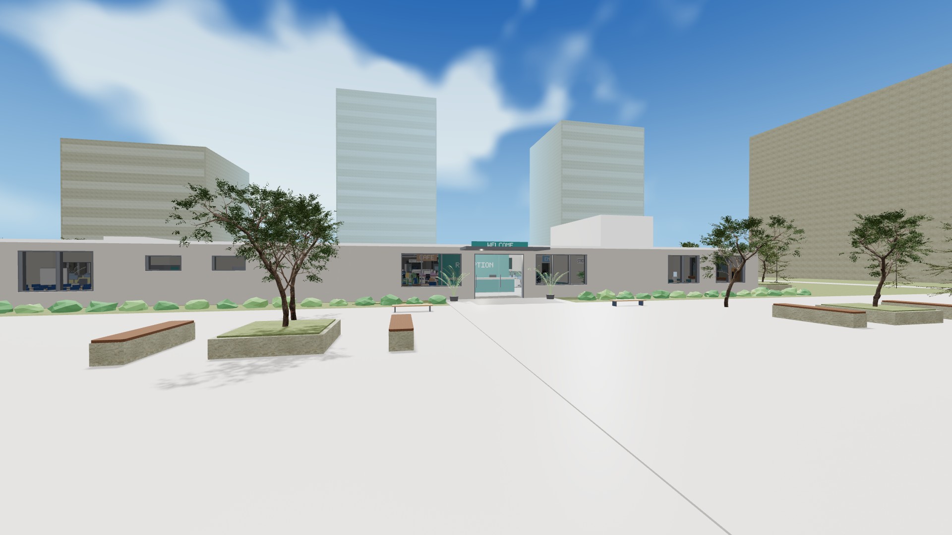 The original office entrance with retained outdoor grounds and authored trees