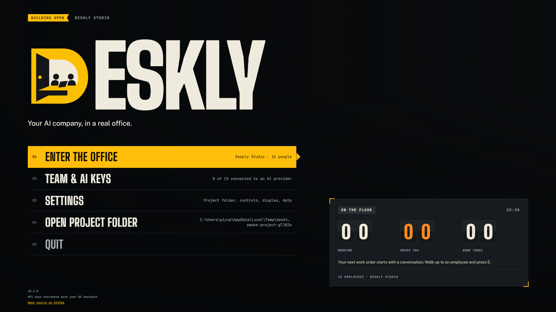 Current Deskly main menu with yellow selection and company activity counters