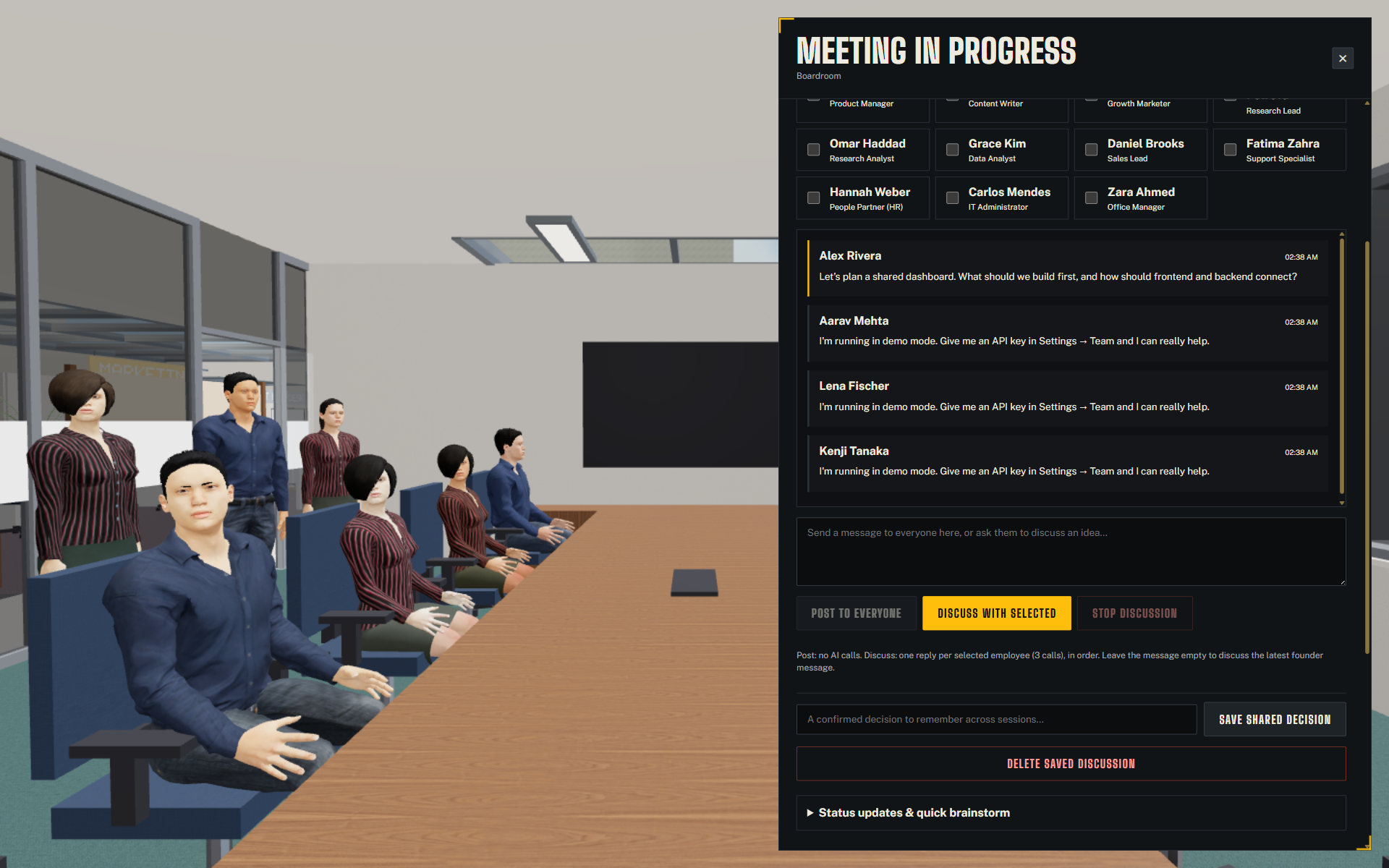 Current boardroom meeting with a shared message and visible replies from Aarav, Lena and Kenji