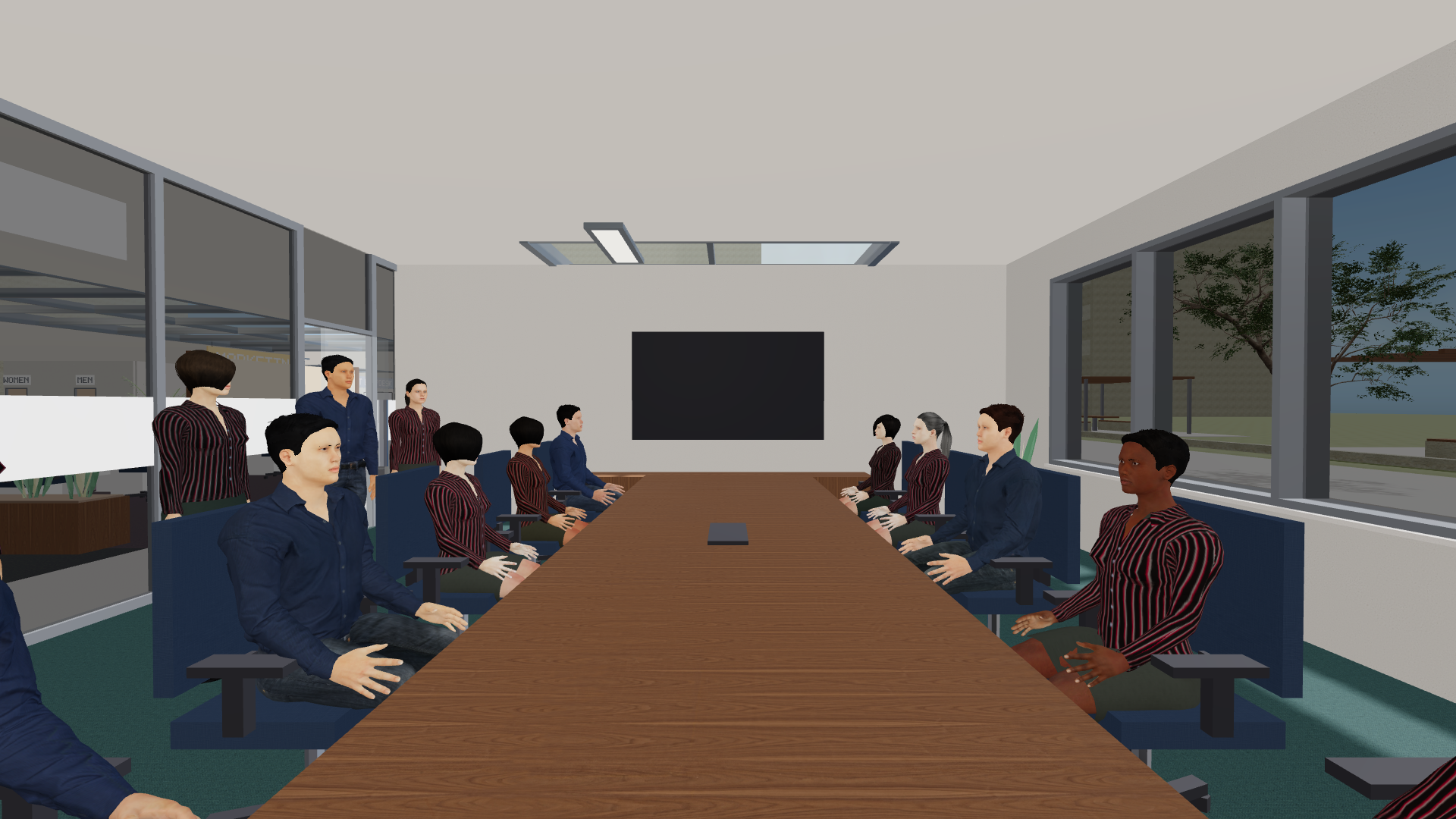 All 15 AI teammates gathered around the boardroom table, viewed from the founder's reserved seat