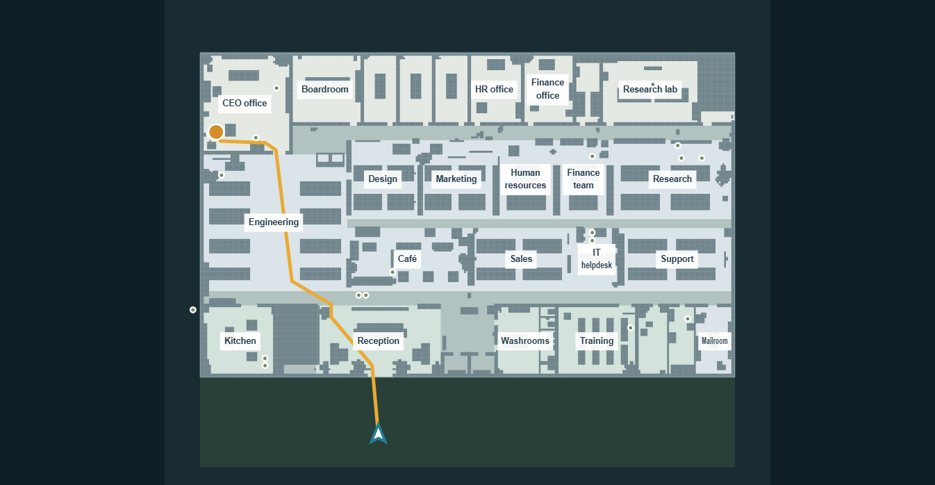Current office atlas floor plan with a walking route to the CEO office