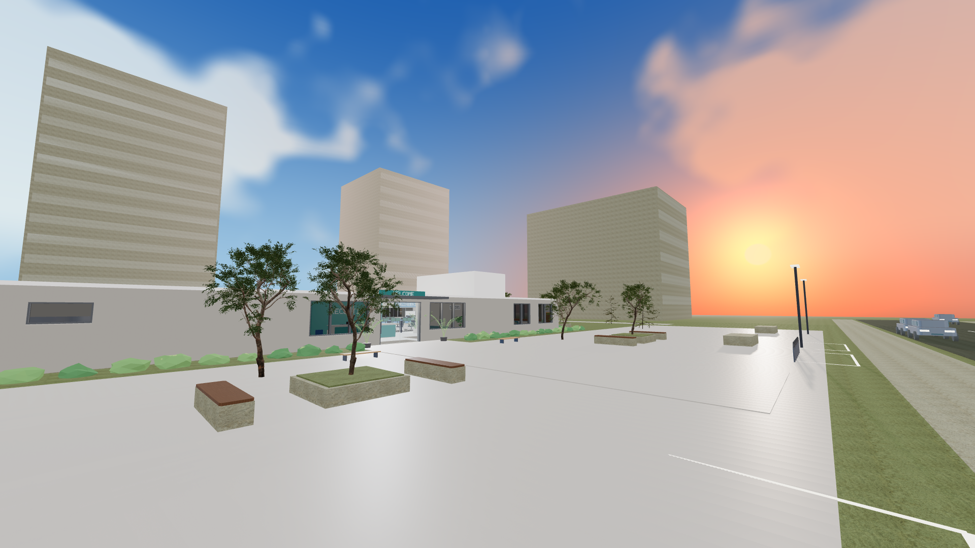 Fresh sunset view of the single-floor office, trees and courtyard