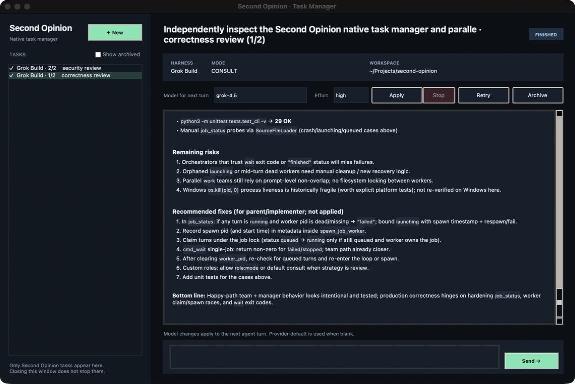 Second Opinion task manager showing two Grok 4.5 workers spawned by Claude Code