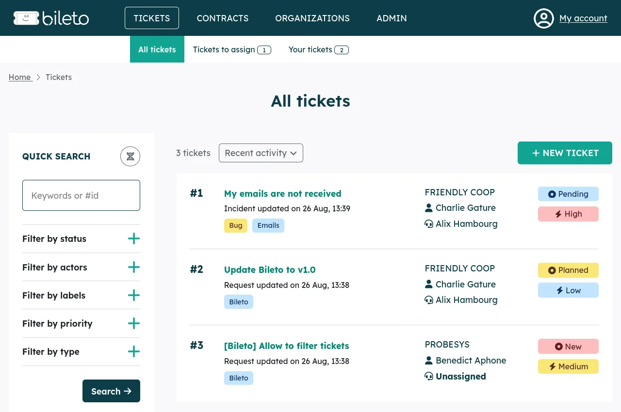 Screenshot of the tickets page of Bileto showing 3 opened tickets and a search form.