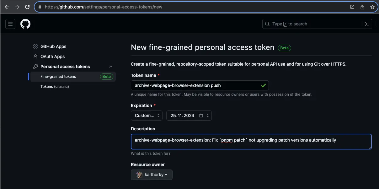 Screenshot of GitHub fine-grained personal access token form, with the values Token name: 'archive-webpage-browser-extension push', Expiration: 'Custom - 1 year', Description: 'archive-webpage-browser-extension: Fix `pnpm patch` not upgrading patch versions automatically'