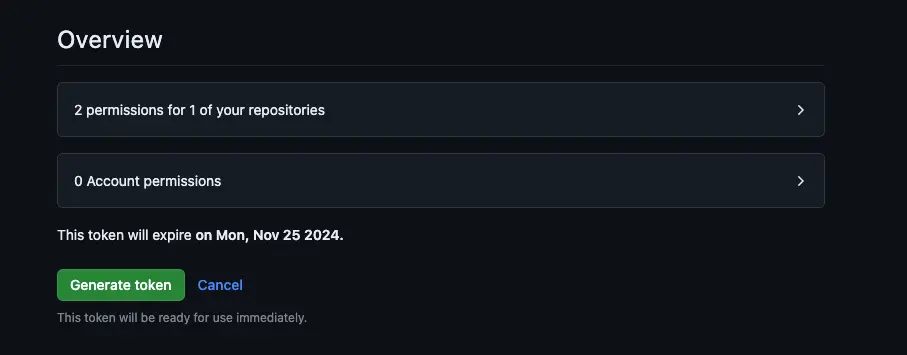 Screenshot of GitHub fine-grained personal access token form, showing the Overview details