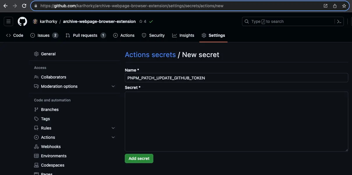 Screenshot of GitHub repository settings page for Actions secrets and variables