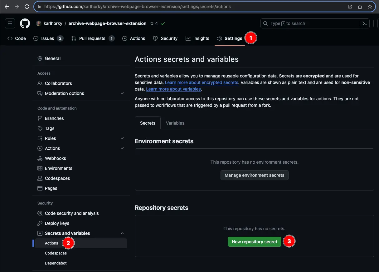 Screenshot of GitHub repository settings page for Actions secrets and variables