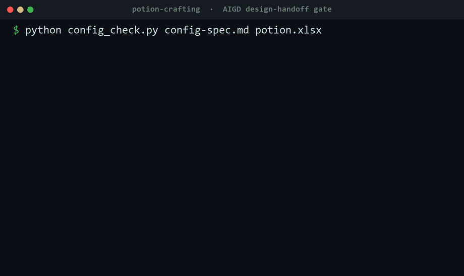 Real run: the checker catches a config↔doc drift, refuses the handoff, then passes once fixed