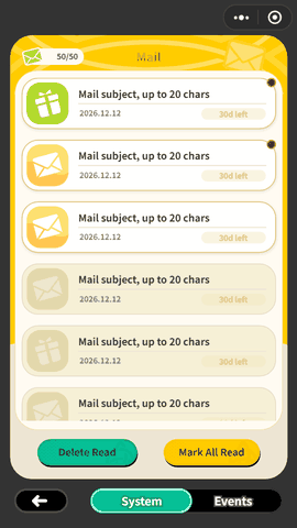 the mail demo: a mail opening, its attachment claimed and the panel swapping state in place, then closing, then a mail with nothing to claim