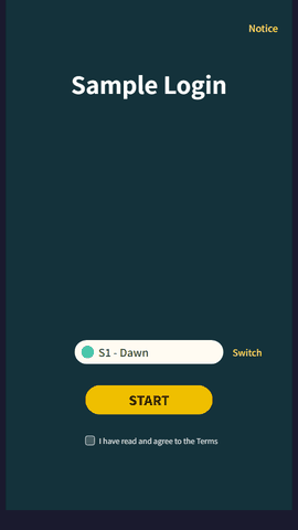 the login demo: notice fading in, the server list sliding up with its rows staggering, the agreement guard refusing, then entering