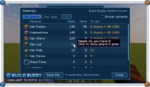 The Materials list in stacks, with gold boxes in the world showing where a block goes