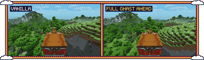 The same flight twice: vanilla on the left, Full Ghast Ahead at 2x on the right