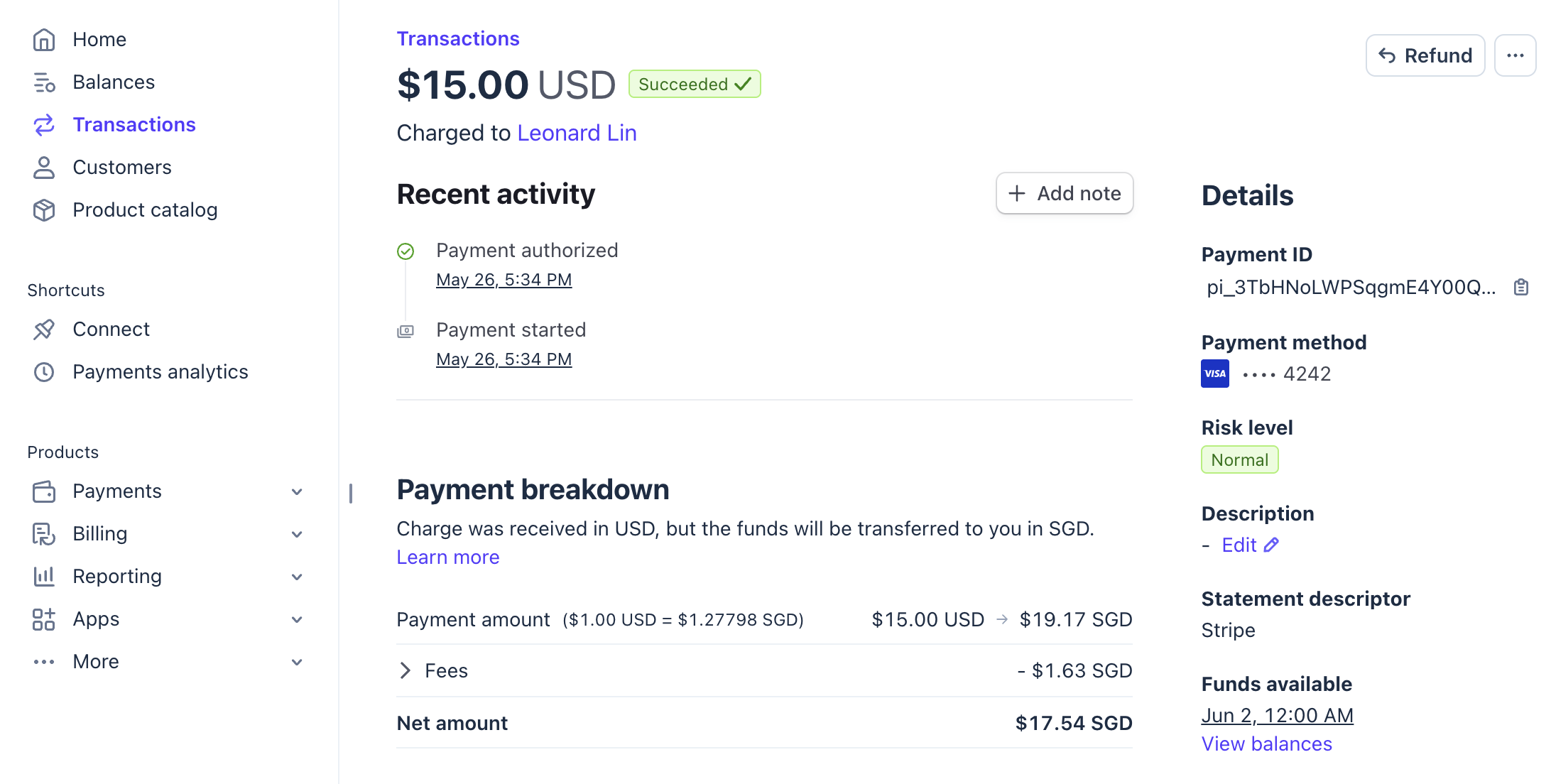 Transaction success in Stripe