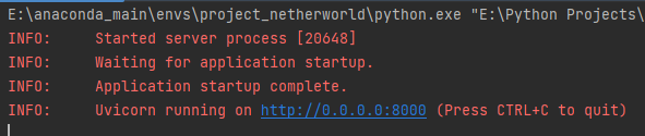 An image showing the Uvicorn/Backend server setup. The most important message here is: "Uvicorn running on http://0.0.0.0:8000 where 8000 can be whatever port number you set it to.