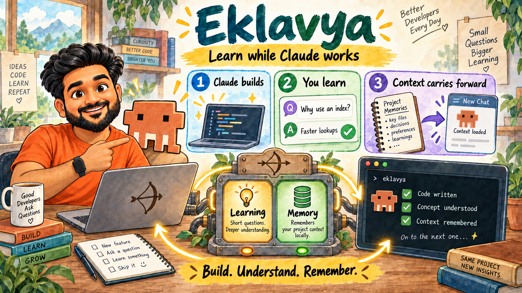 Watercolor illustration of Eklavya: a developer and Claude Code mascot Clawd build code, learn through short questions, and carry project context into the next session