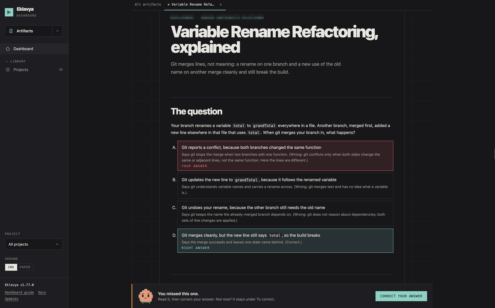 An explainer page for a missed git question, with the right answer and a prompt to correct yours
