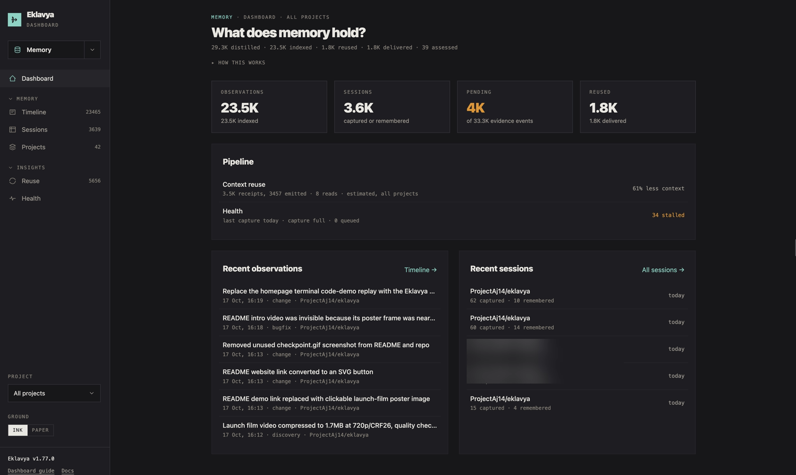 Memory dashboard with observations, sessions, context reuse and recent sessions