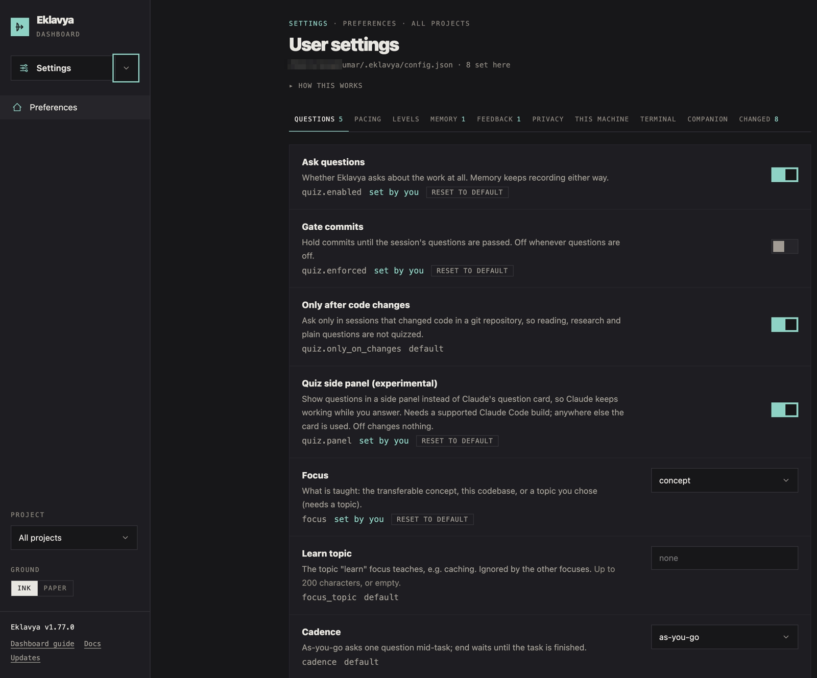 User settings with the quiz, gate and focus controls