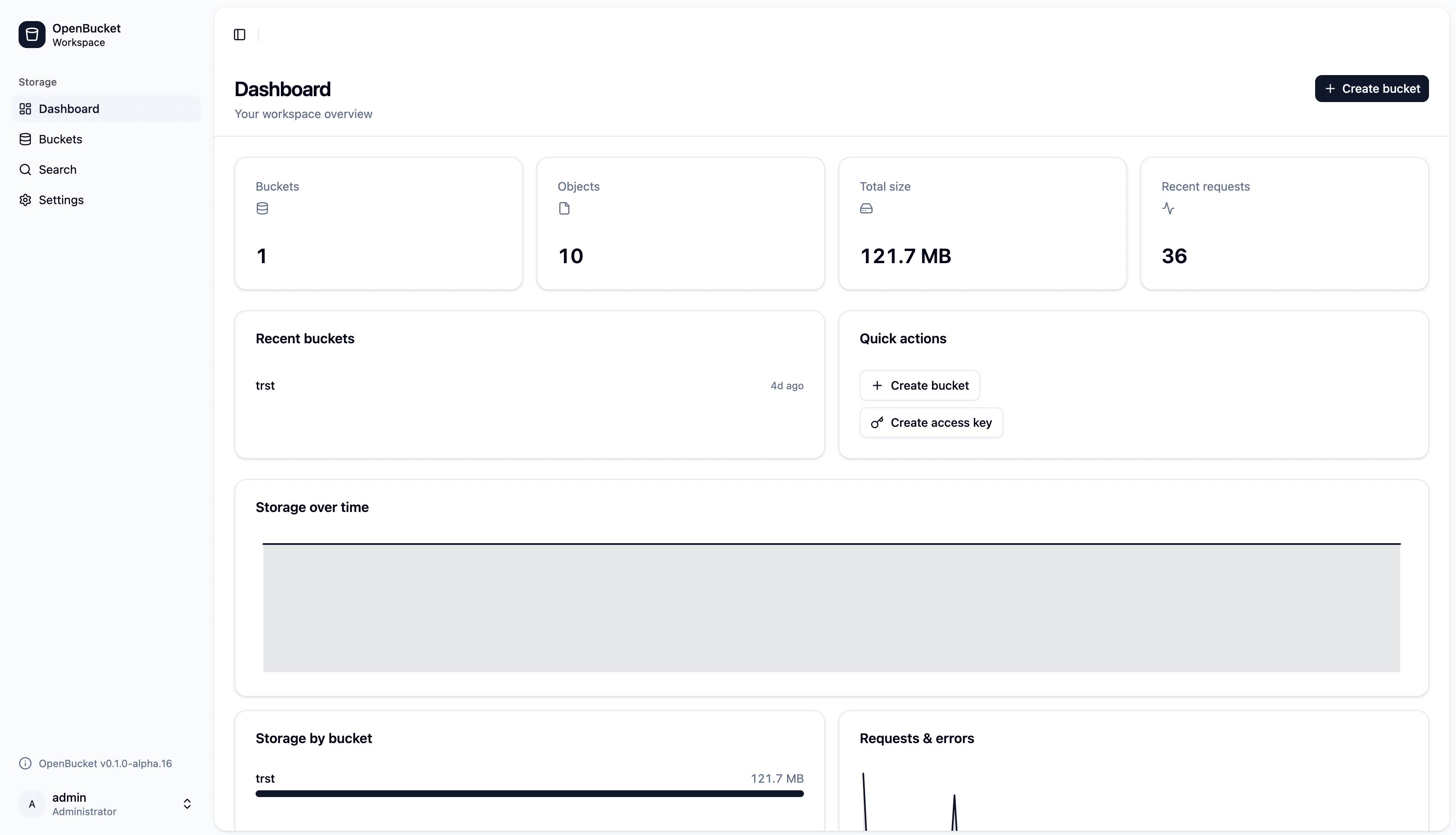 OpenBucket admin console — dashboard