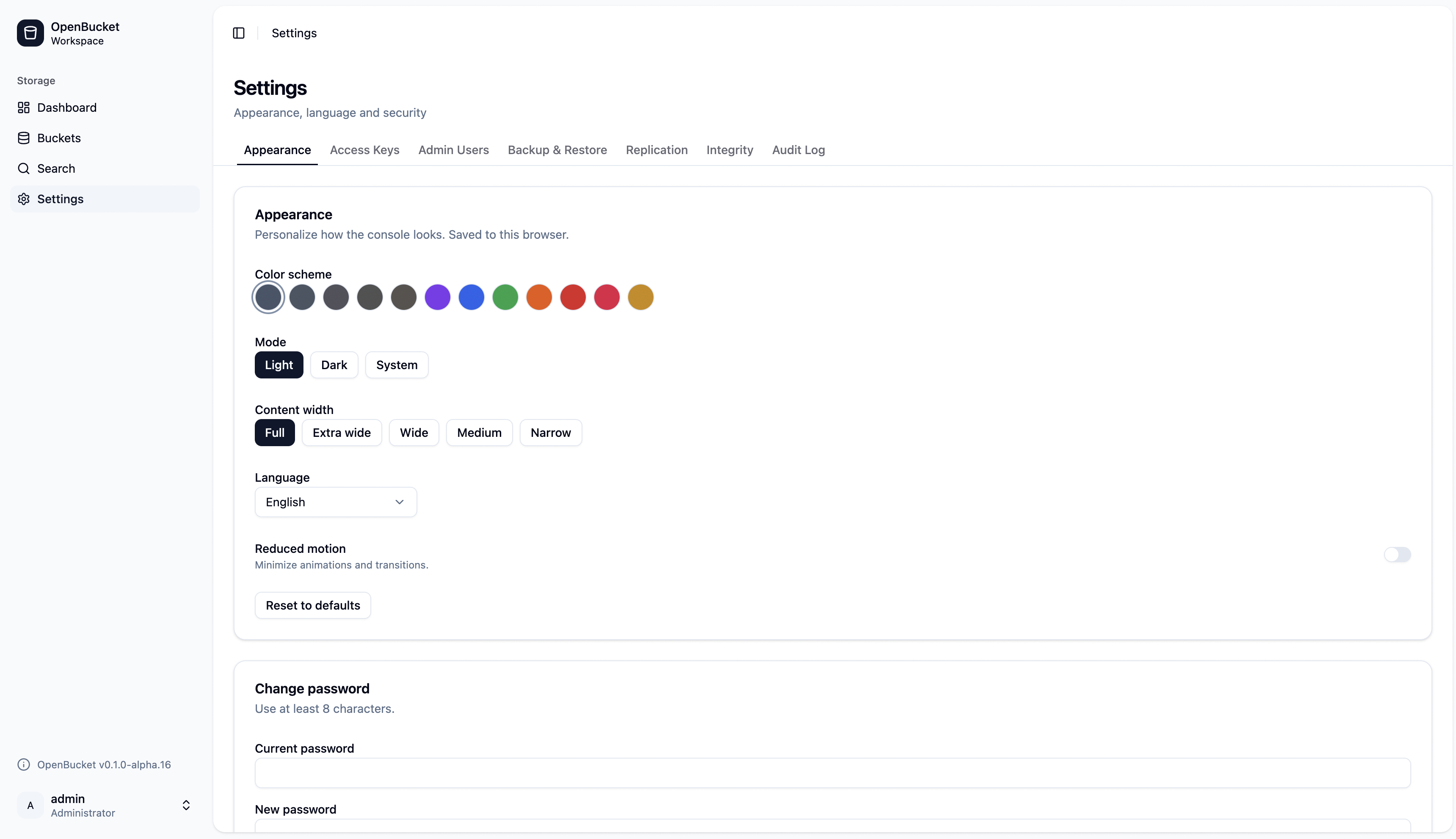 OpenBucket admin console — settings