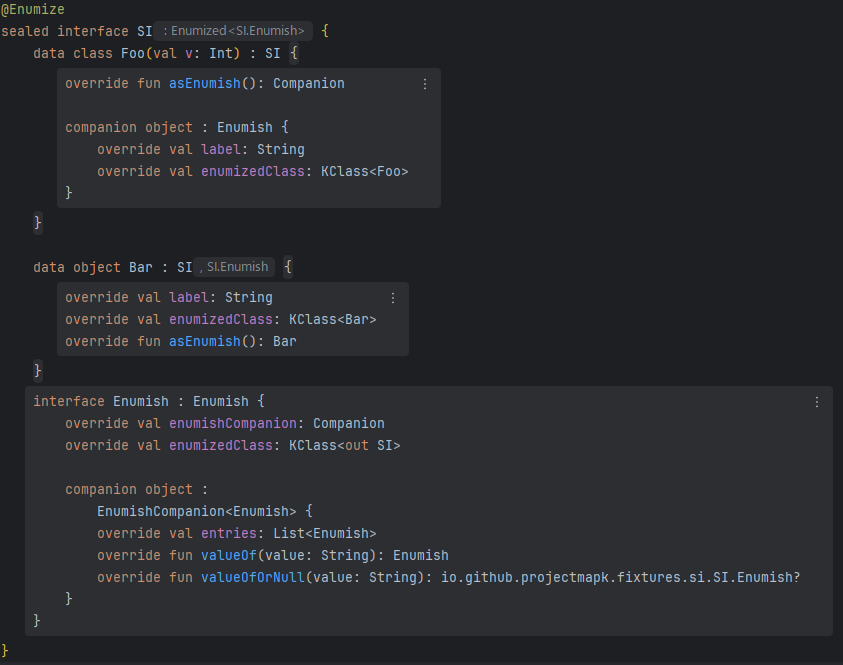 Generated declarations of an @Enumize sealed interface rendered inline in IntelliJ IDEA