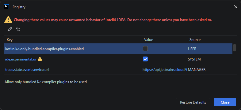 The Registry dialog with kotlin.k2.only.bundled.compiler.plugins.enabled unchecked