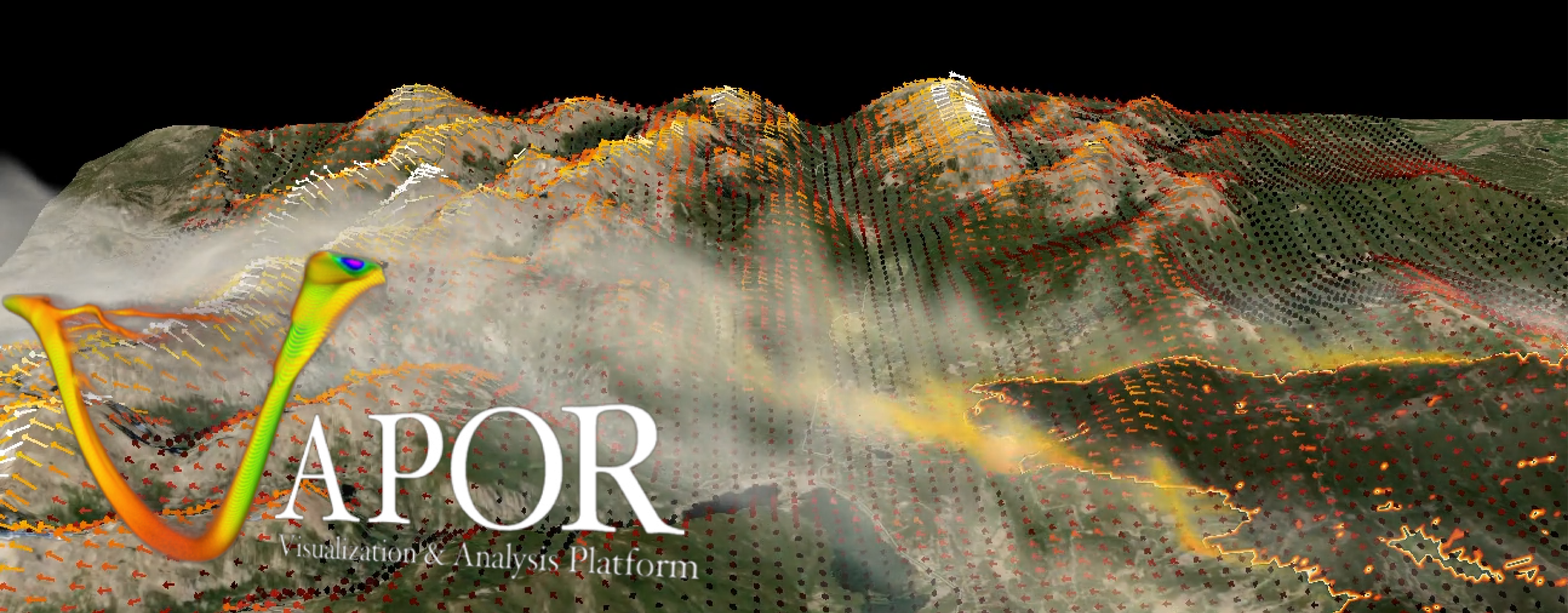 vapor logo in front of a wildfire data visualization