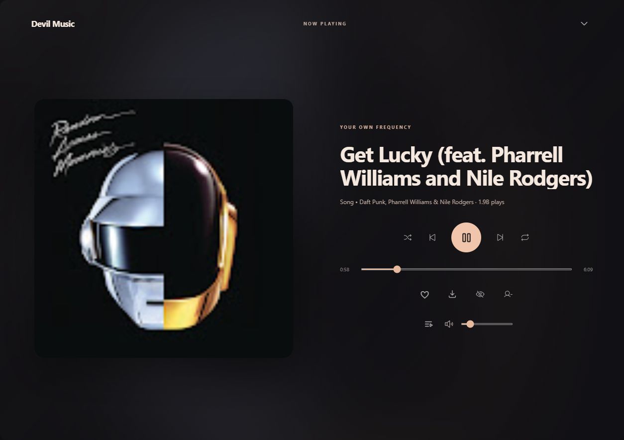 Devil Music: Now Playing with MP3 downloads and playback controls