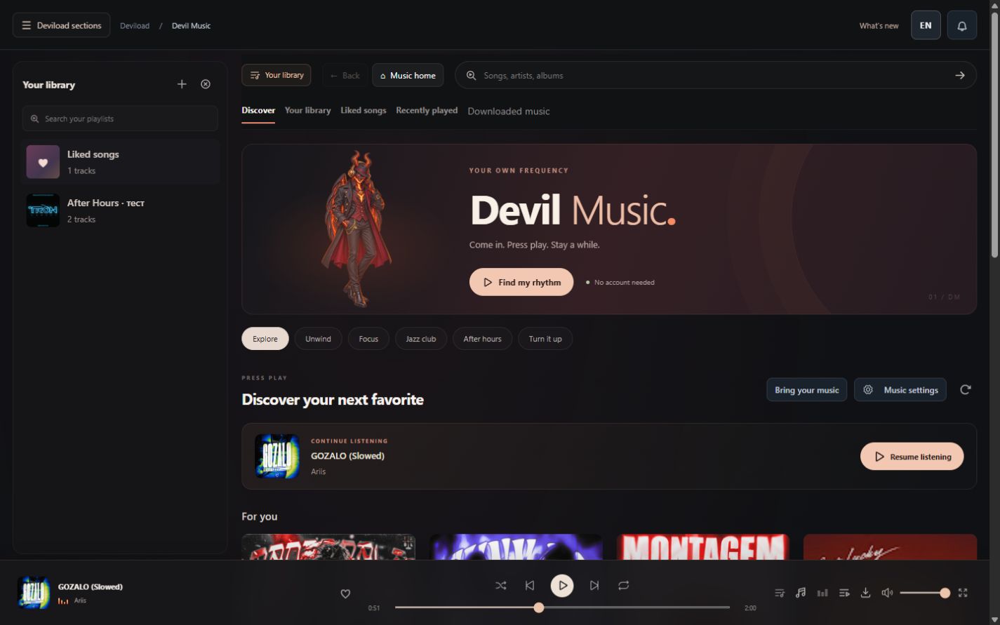 Devil Music 2.7: music workspace, pinned library, playlist import, resume listening and player controls