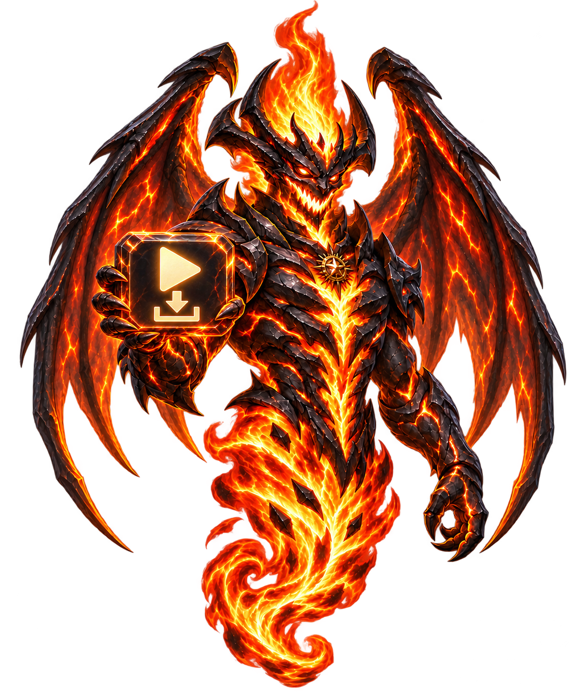 Deviload infernal mascot holding a media download crystal