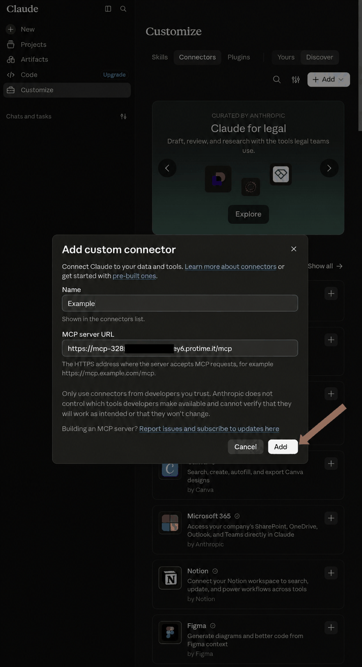 Adding the custom connector in Claude