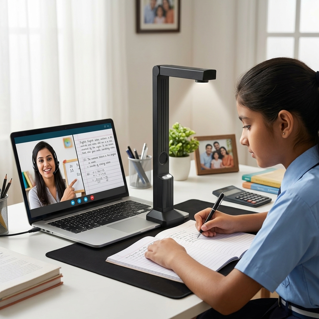 Girl student attending online tuition class with private tutor