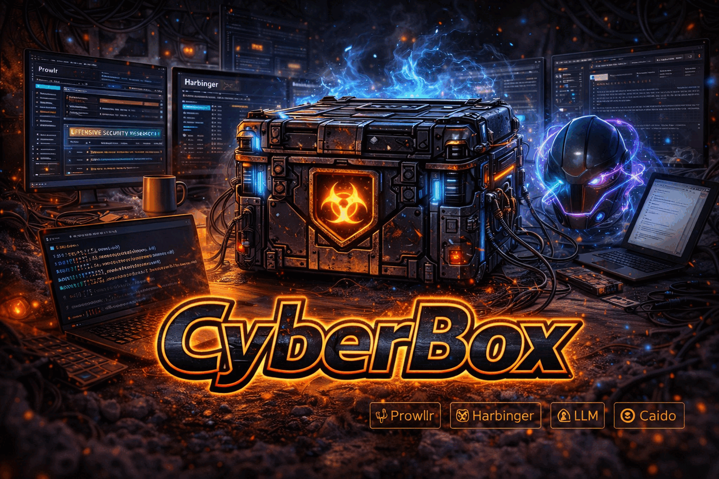 CyberBox — fortified chest with biohazard seal, Prowlr / Harbinger / LLM / Caido chips