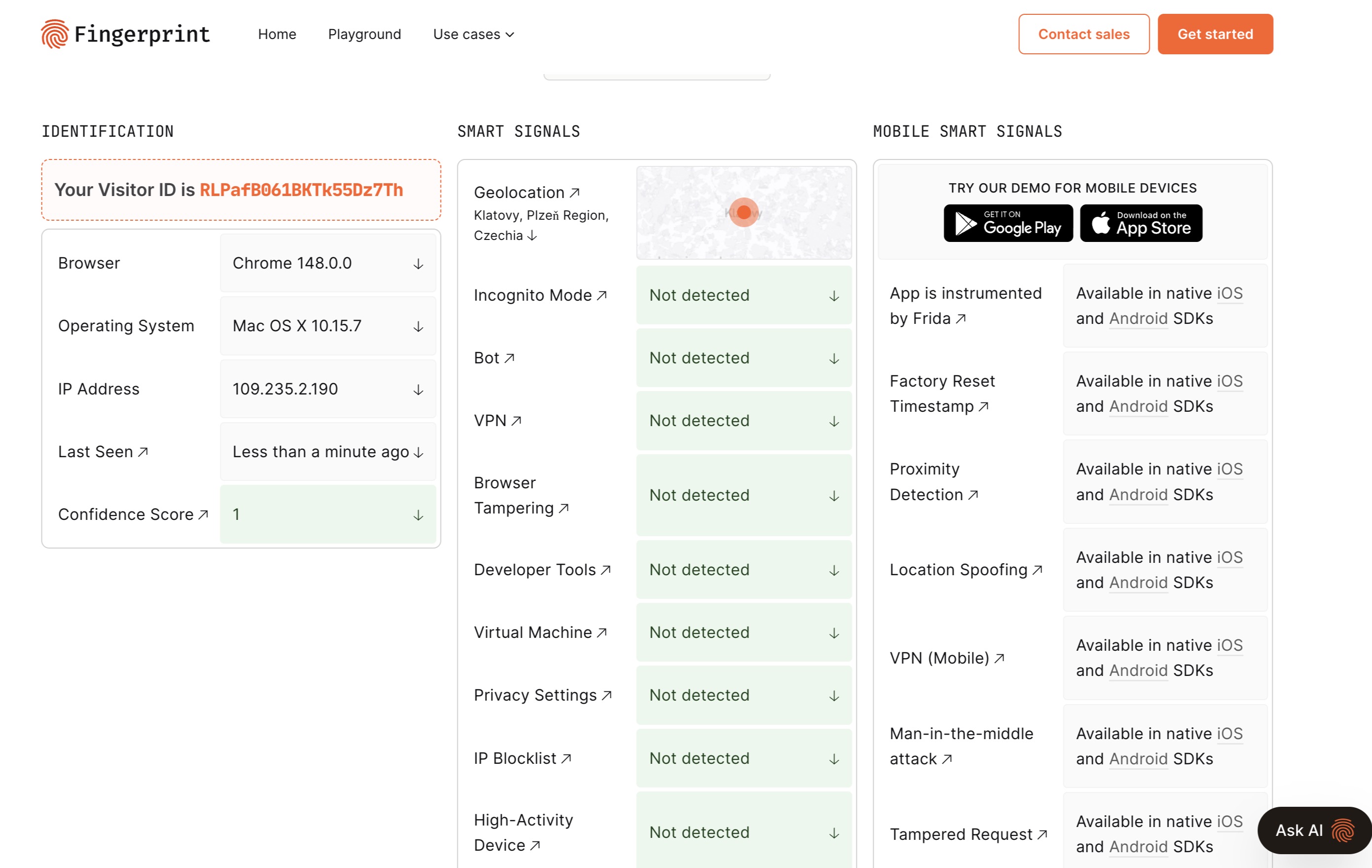 Fingerprint.com bot detection result