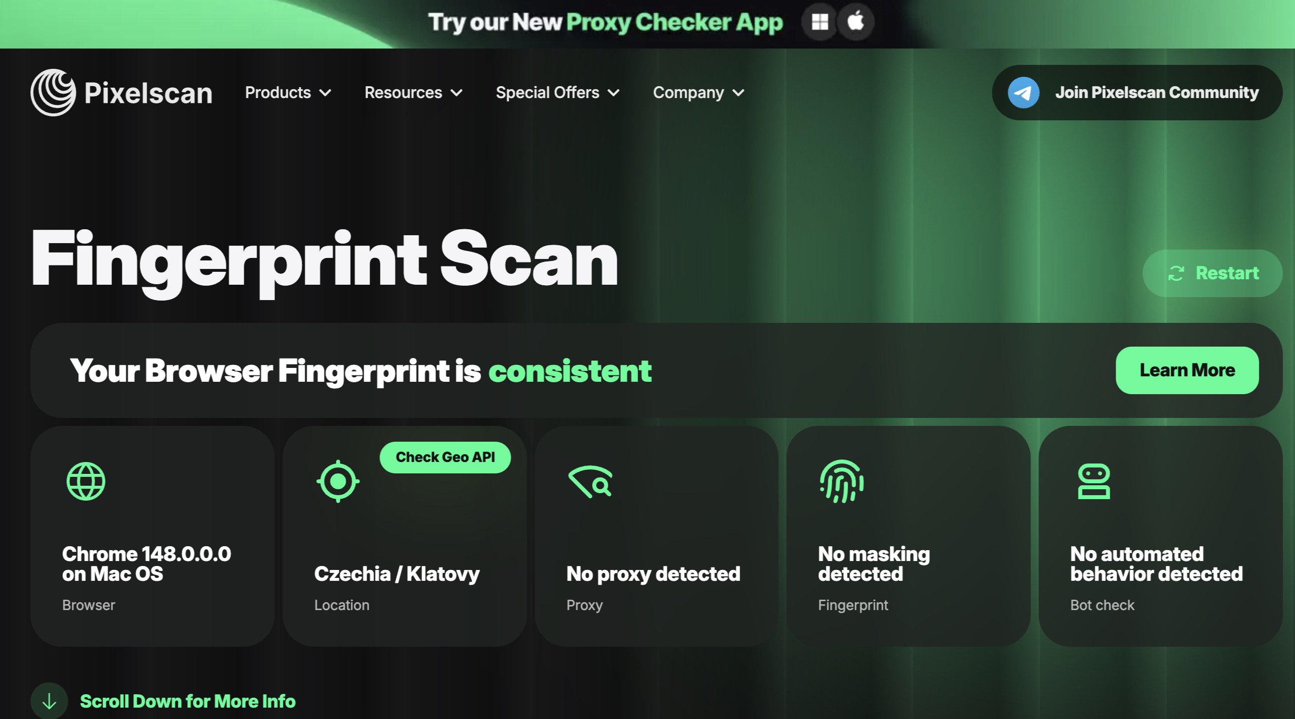 Pixelscan fingerprint consistency result
