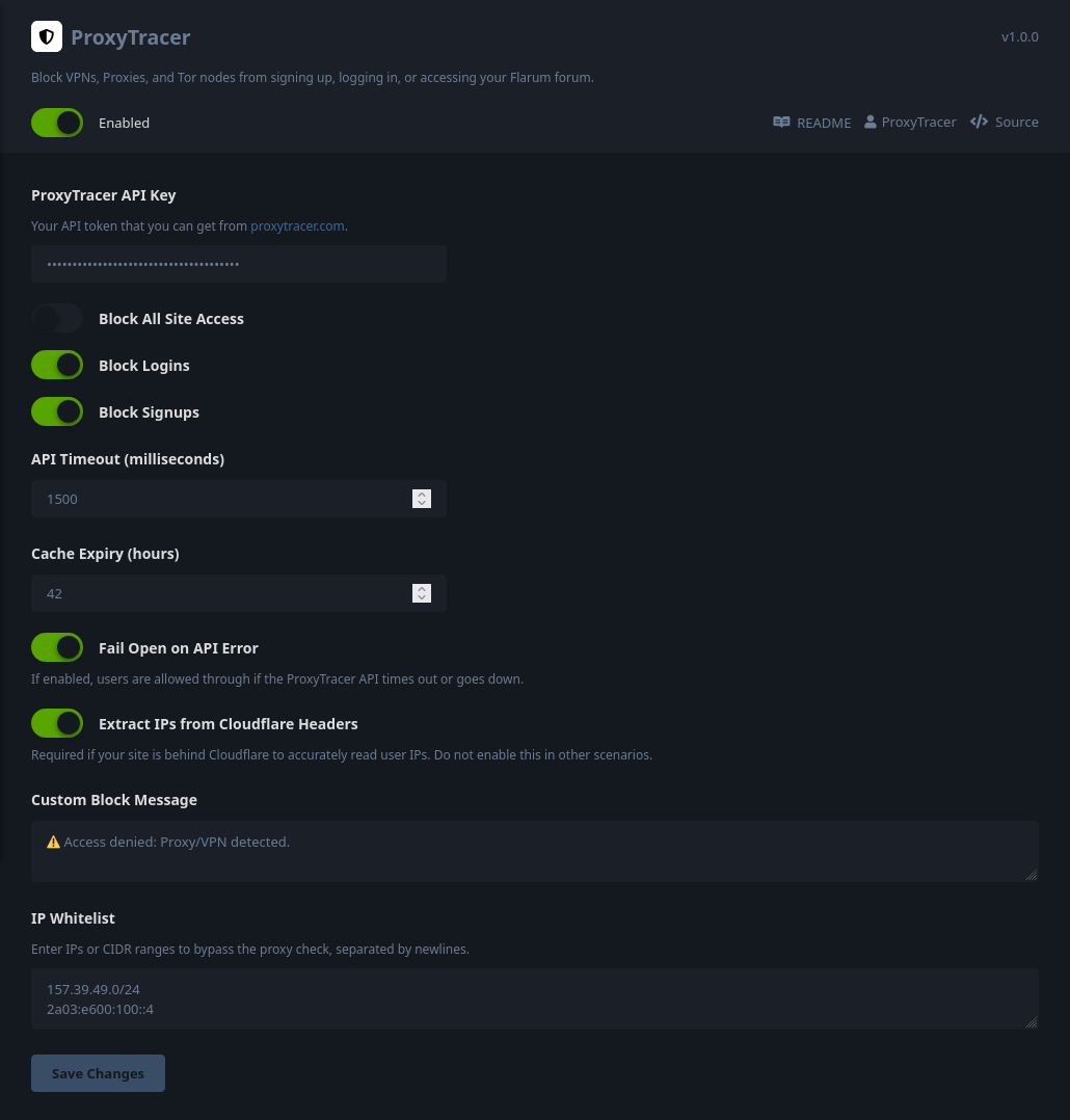Screenshot of the ProxyTracer's extension's settings